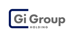 Logo da Gi Group Holding com um 'G' estilizado em azul e texto cinza.